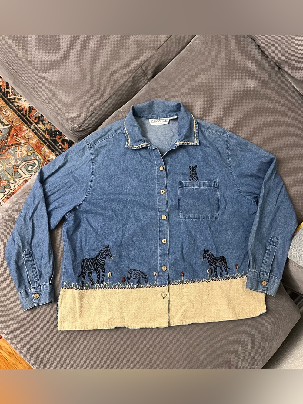 Vintage DressBarn Embroidered Zebra Denim Jean Shirt Womens Size 2X Grannycore